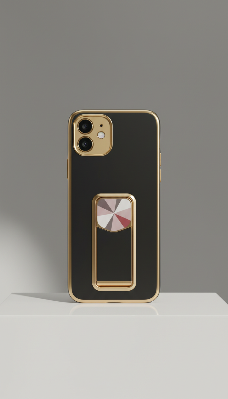 Luxe black case with gold trim stand