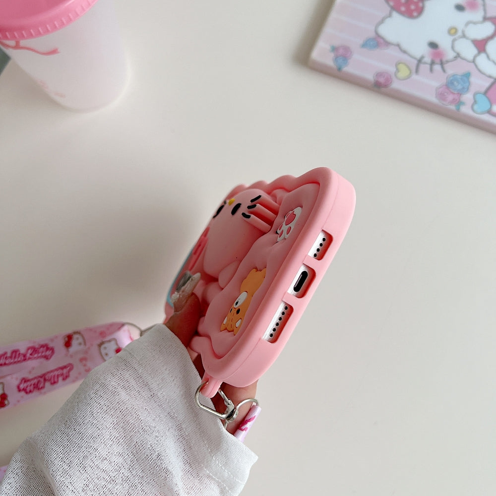 Cartoon Kitty Stand Silicone Phone Case with Shoulder Strap