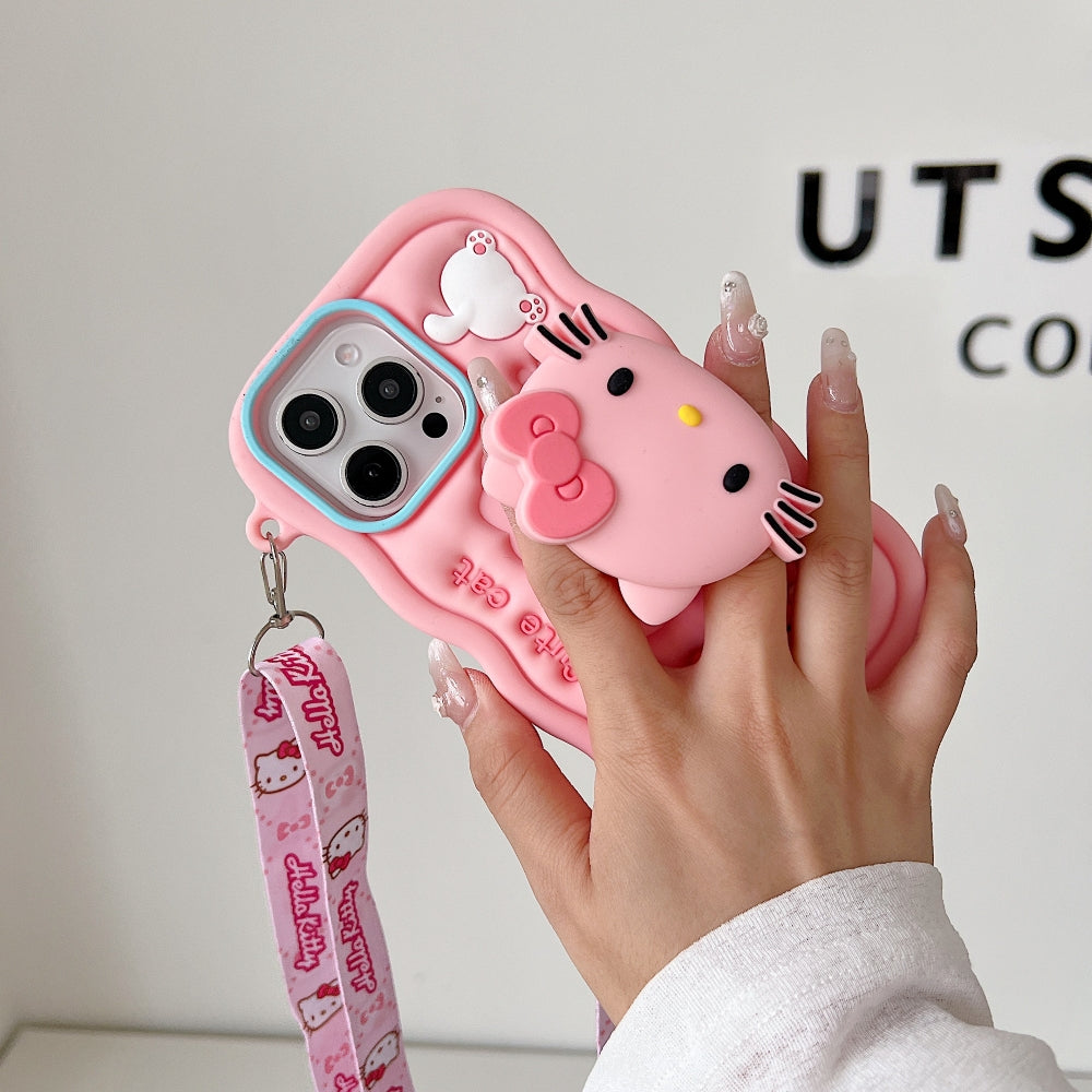 Cartoon Kitty Stand Silicone Phone Case with Shoulder Strap