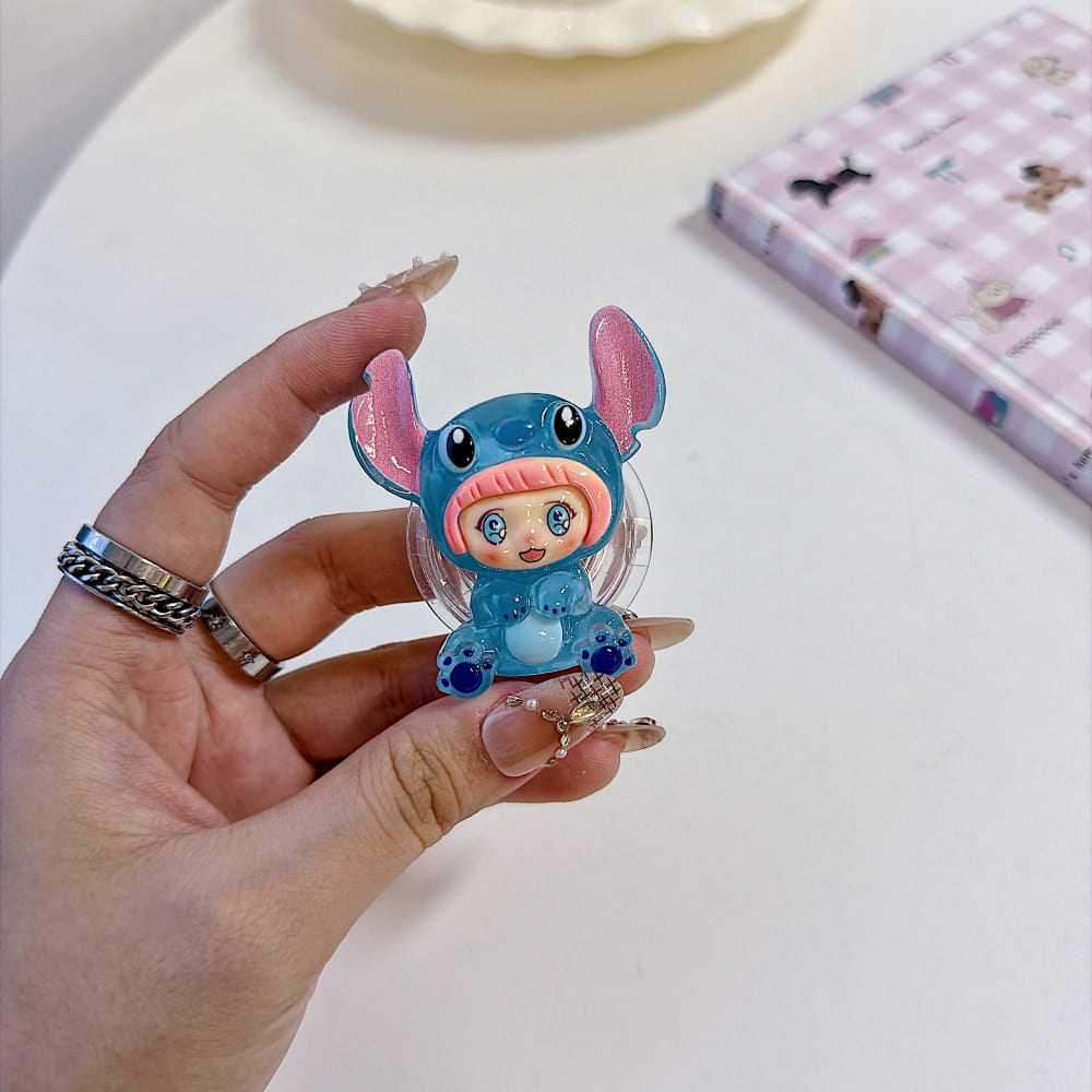 Cute Bloom Stitch Hoodie Character Mobile Grip Phone Stand