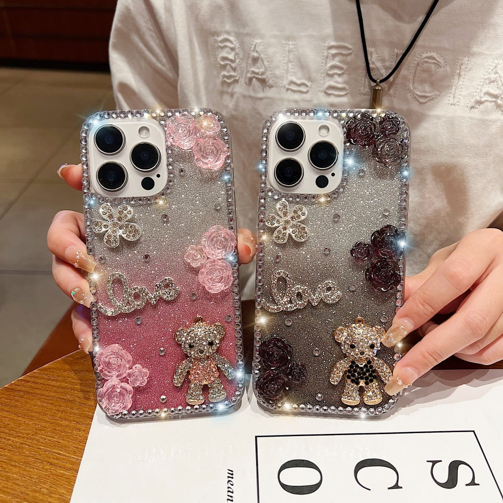 Glitter Paper Diamond Flower Love Bear Transparent Phone Case