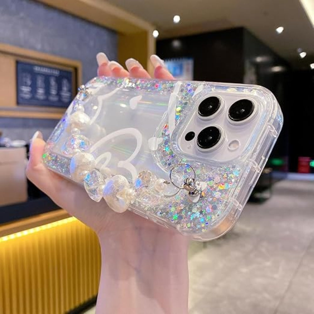 Glittery Printed Clear TPU Phone Case with Heart Chain Bracelet
