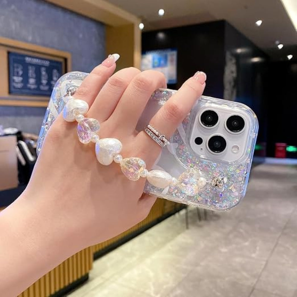 Glittery Printed Clear TPU Phone Case with Heart Chain Bracelet