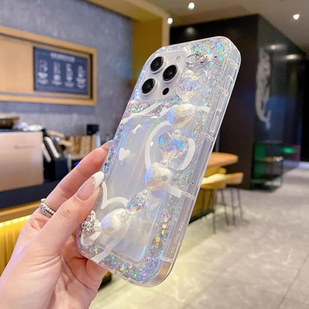 Glittery Printed Clear TPU Phone Case with Heart Chain Bracelet