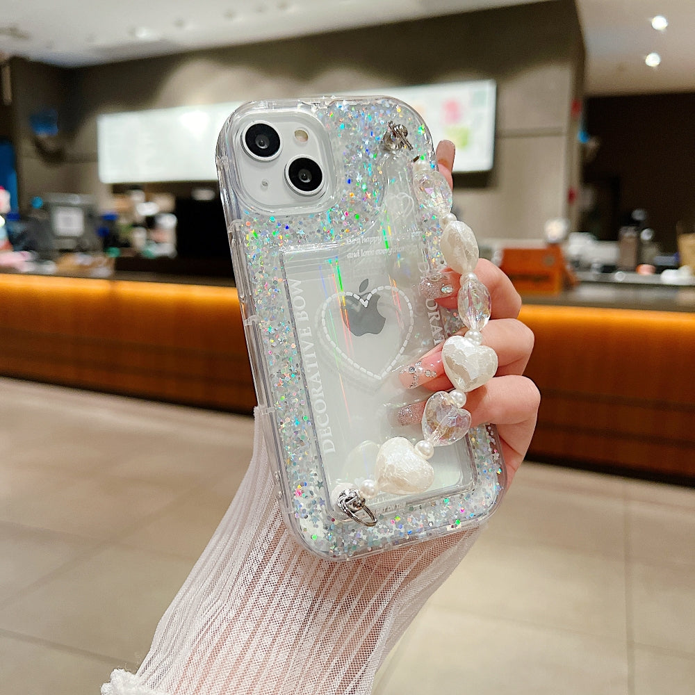Glittery Printed Clear TPU Phone Case with Heart Chain Bracelet