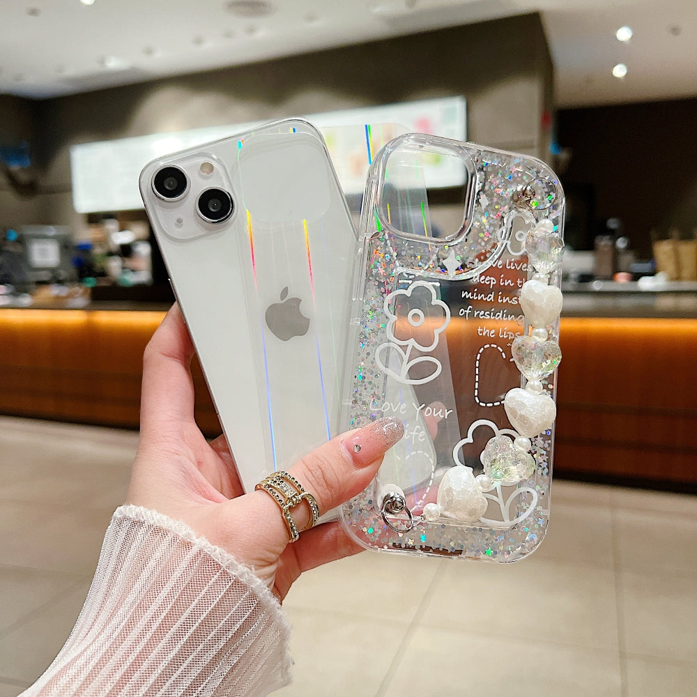 Glittery Printed Clear TPU Phone Case with Heart Chain Bracelet