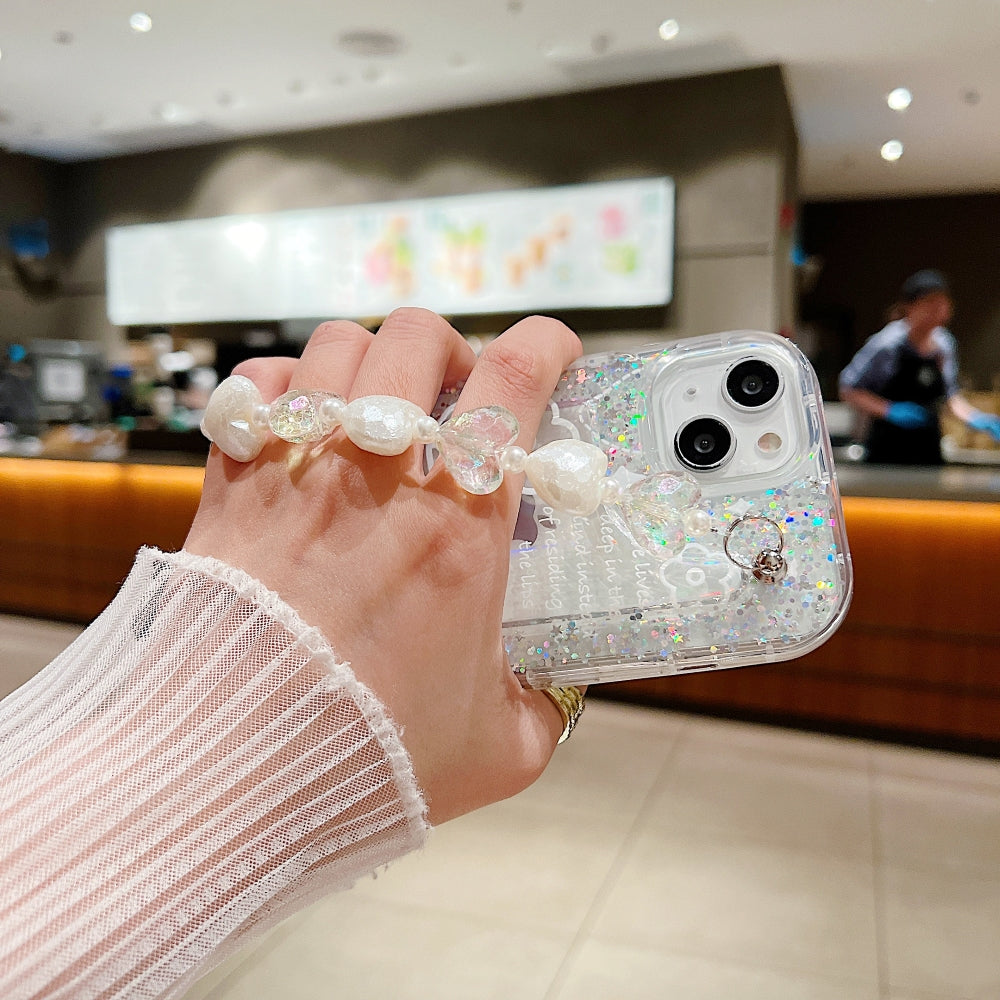 Glittery Printed Clear TPU Phone Case with Heart Chain Bracelet