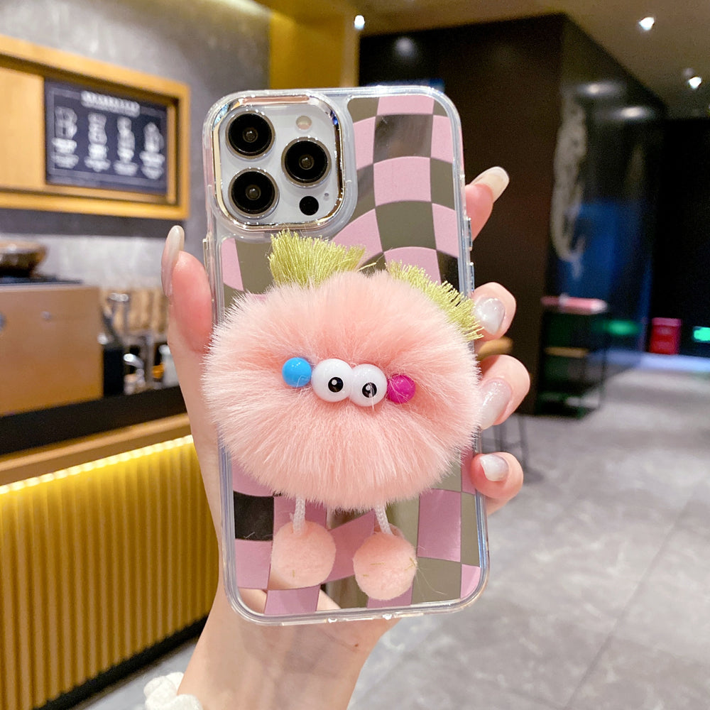 Graphic Mirror Fluffy Pom Pom Ball Stand Phone Case