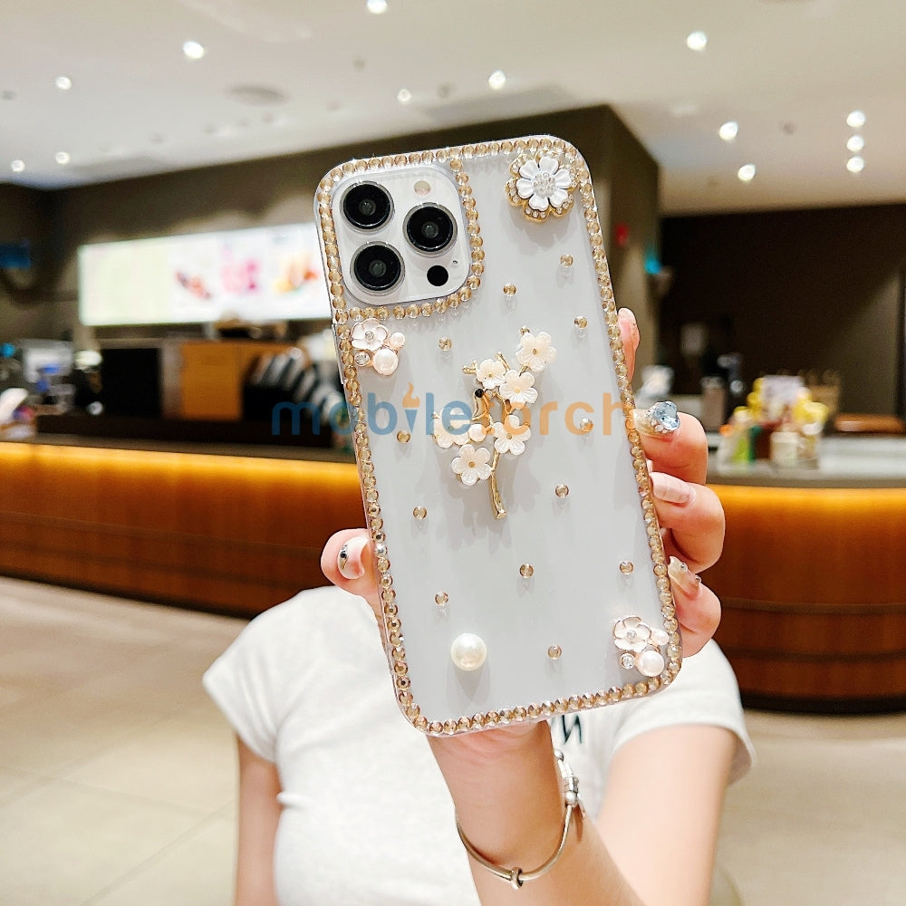Handmade Jasmin Flower Pattern Diamond Border Transparent TPU(Soft) Case