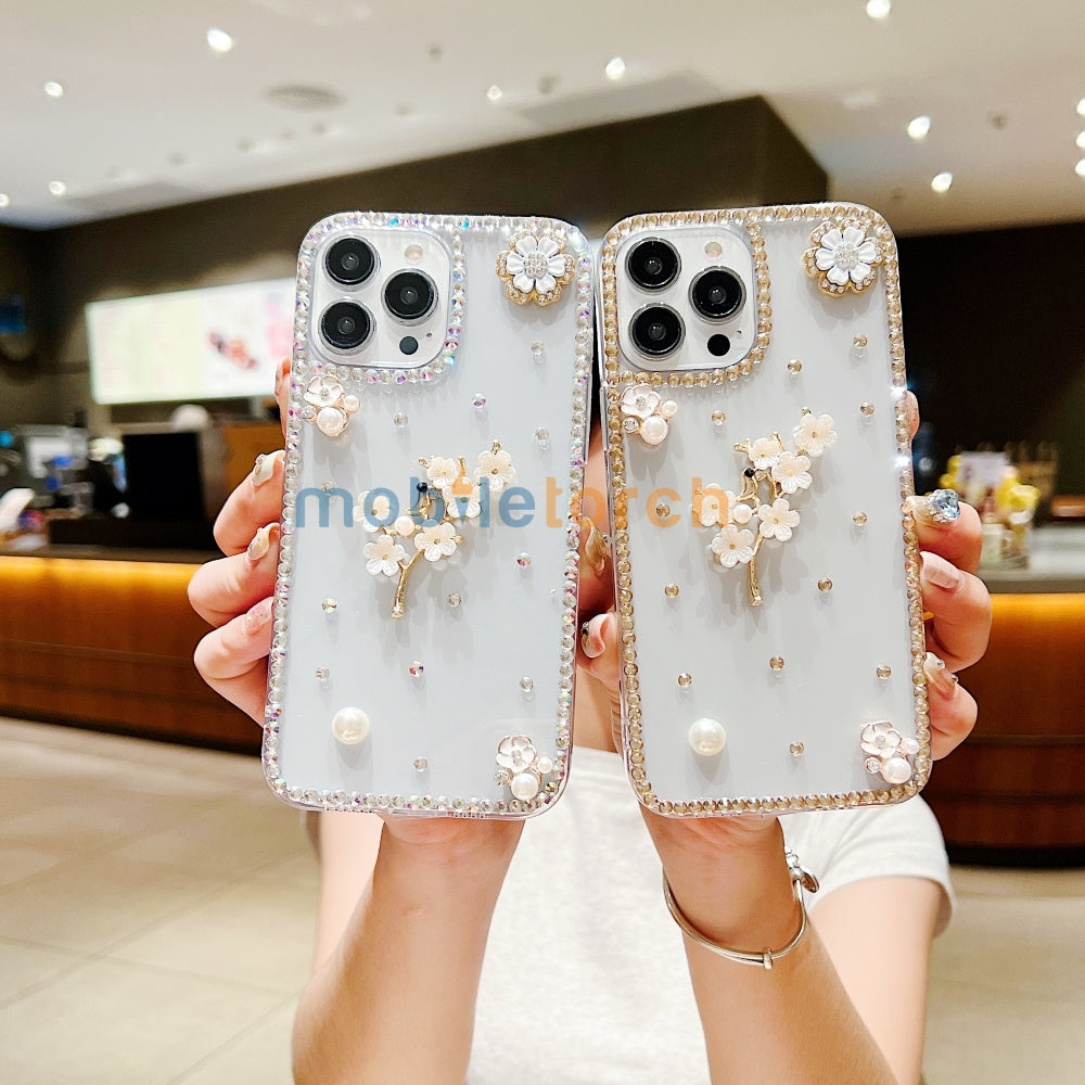 Handmade Jasmin Flower Pattern Diamond Border Transparent TPU(Soft) Case