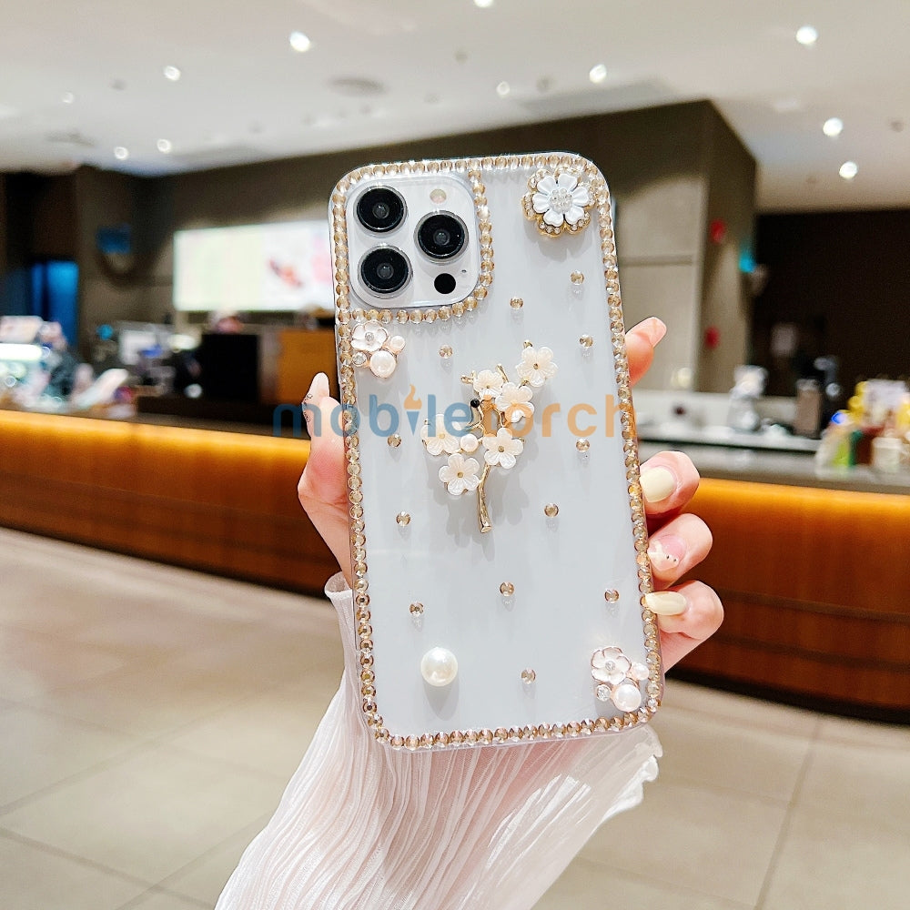 Handmade Jasmin Flower Pattern Diamond Border Transparent TPU(Soft) Case