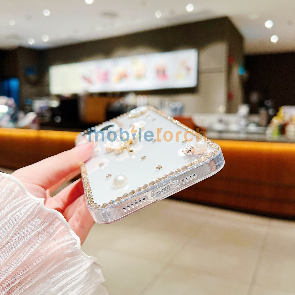 Handmade Jasmin Flower Pattern Diamond Border Transparent TPU(Soft) Case
