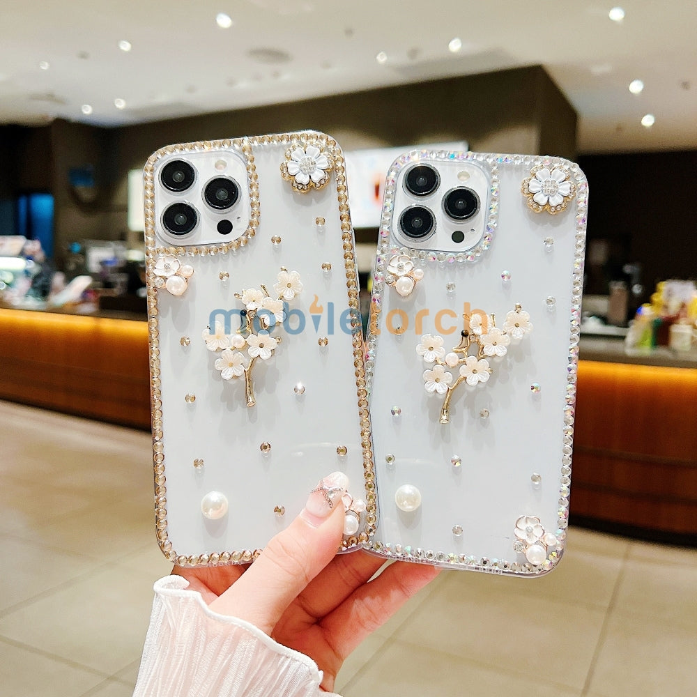 Handmade Jasmin Flower Pattern Diamond Border Transparent TPU(Soft) Case