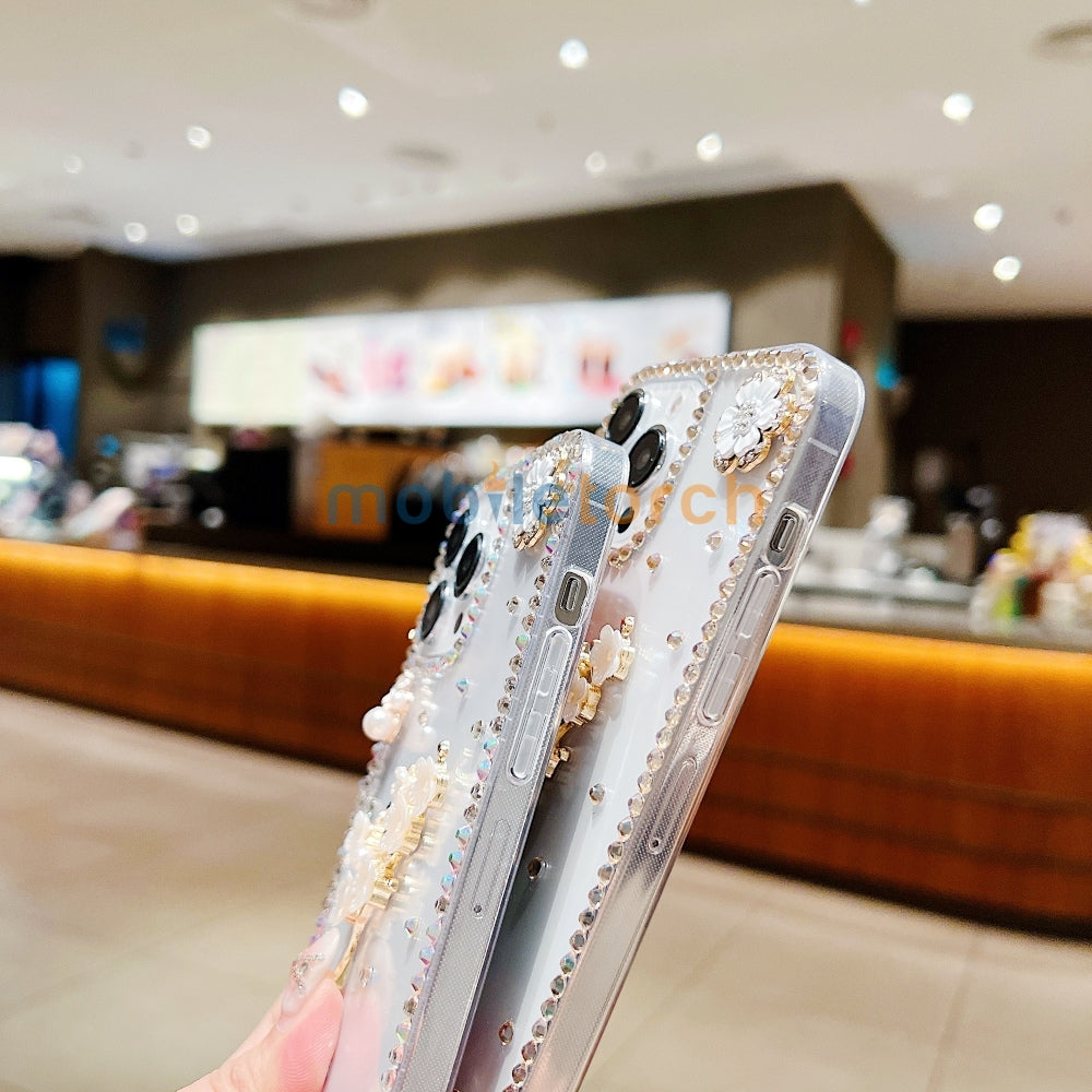 Handmade Jasmin Flower Pattern Diamond Border Transparent TPU(Soft) Case