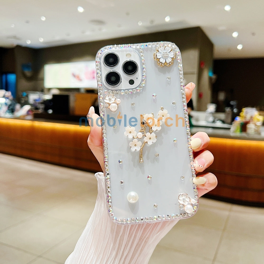 Handmade Jasmin Flower Pattern Diamond Border Transparent TPU(Soft) Case