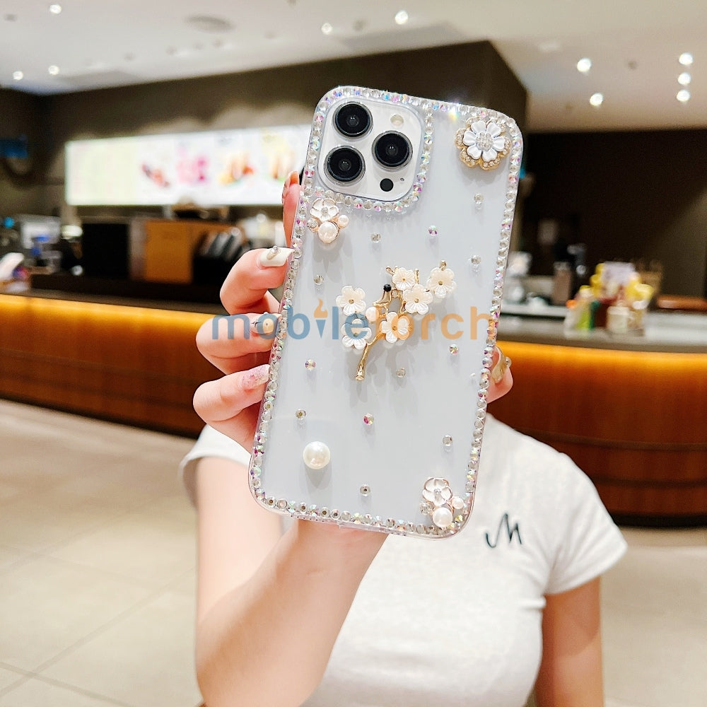Handmade Jasmin Flower Pattern Diamond Border Transparent TPU(Soft) Case