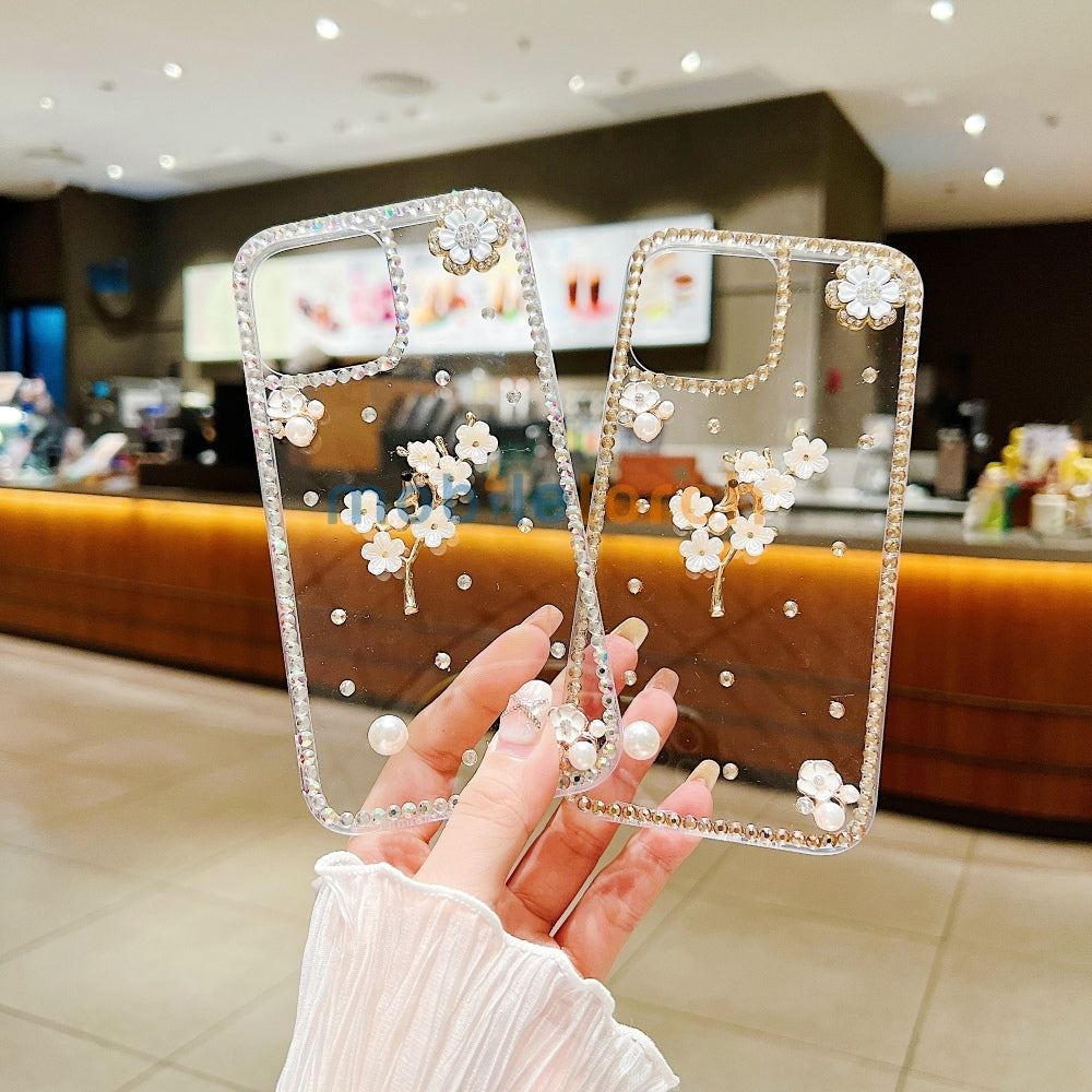 Handmade Jasmin Flower Pattern Diamond Border Transparent TPU(Soft) Case