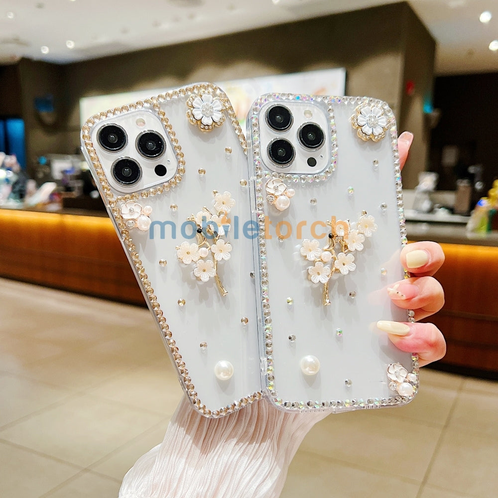 Handmade Jasmin Flower Pattern Diamond Border Transparent TPU(Soft) Case