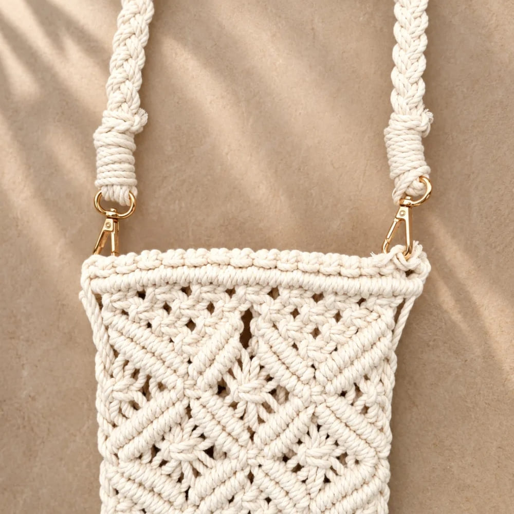 Handwoven Diamond Pattern Crossbody Bag with Fringe Tassels