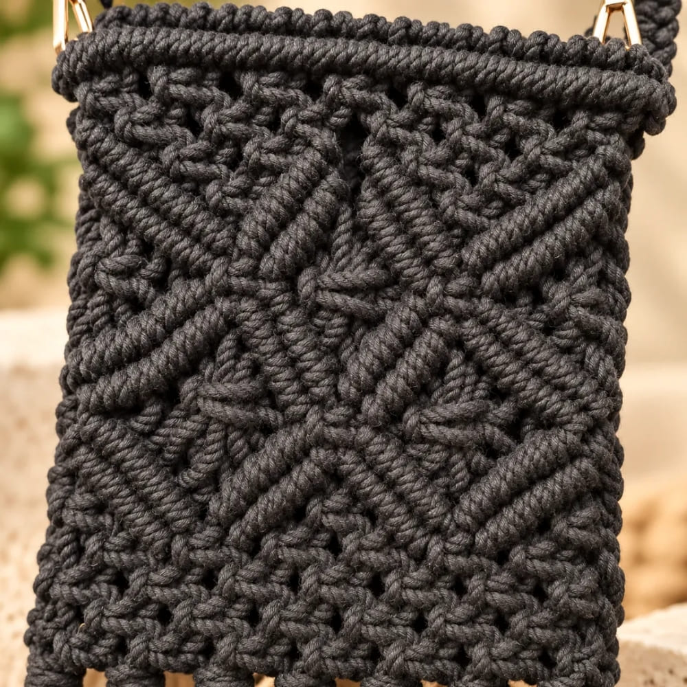 Handwoven Diamond Pattern Crossbody Bag with Fringe Tassels