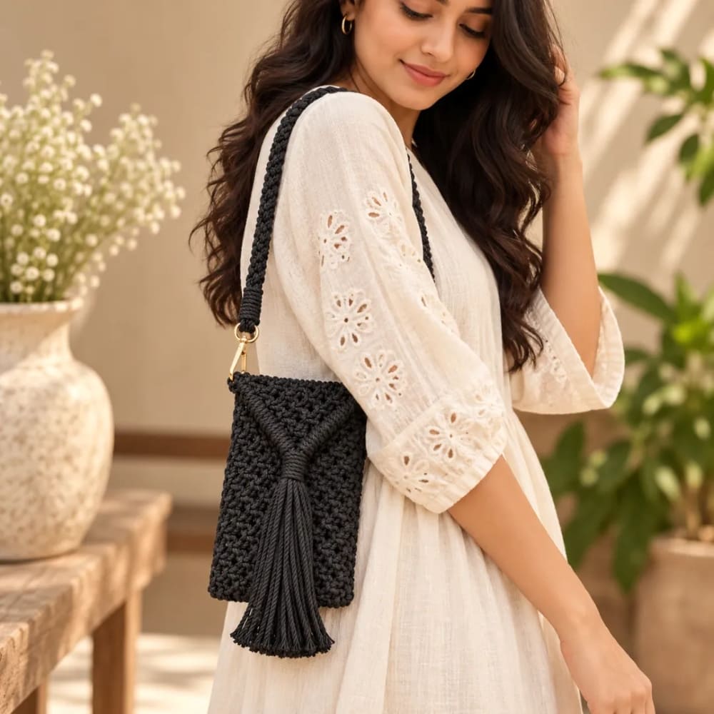 Handwoven Macrame Purse with Braided Strap