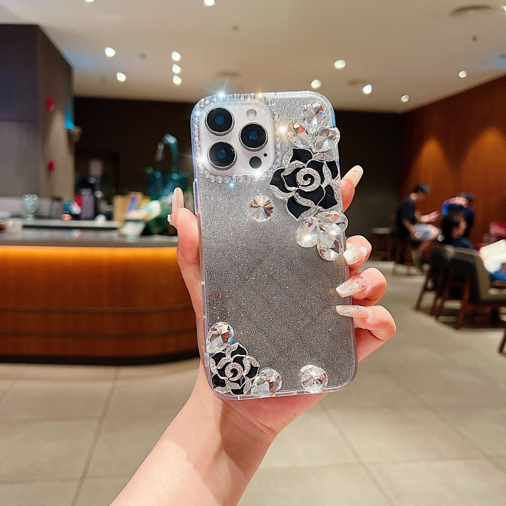 Luxury Camellia Water Diamond Phone Case with Shimmer Paper