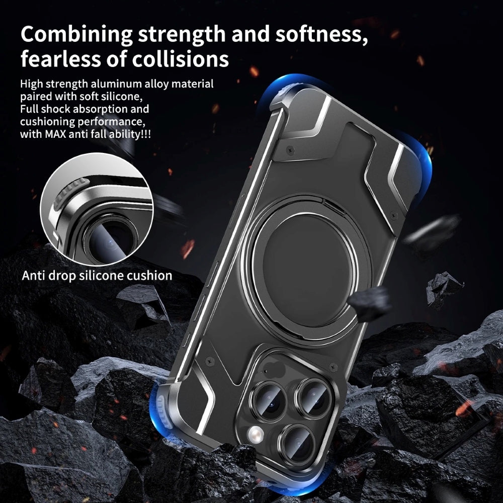 Magnetic Aluminum Alloy Frame Shockproof Phone Case with Ring Holder - iPhone 15
