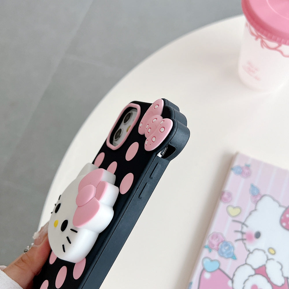 Polka Dot Bow Kitty Stand Silicone Phone Case
