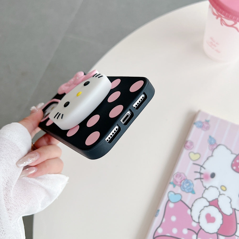 Polka Dot Bow Kitty Stand Silicone Phone Case