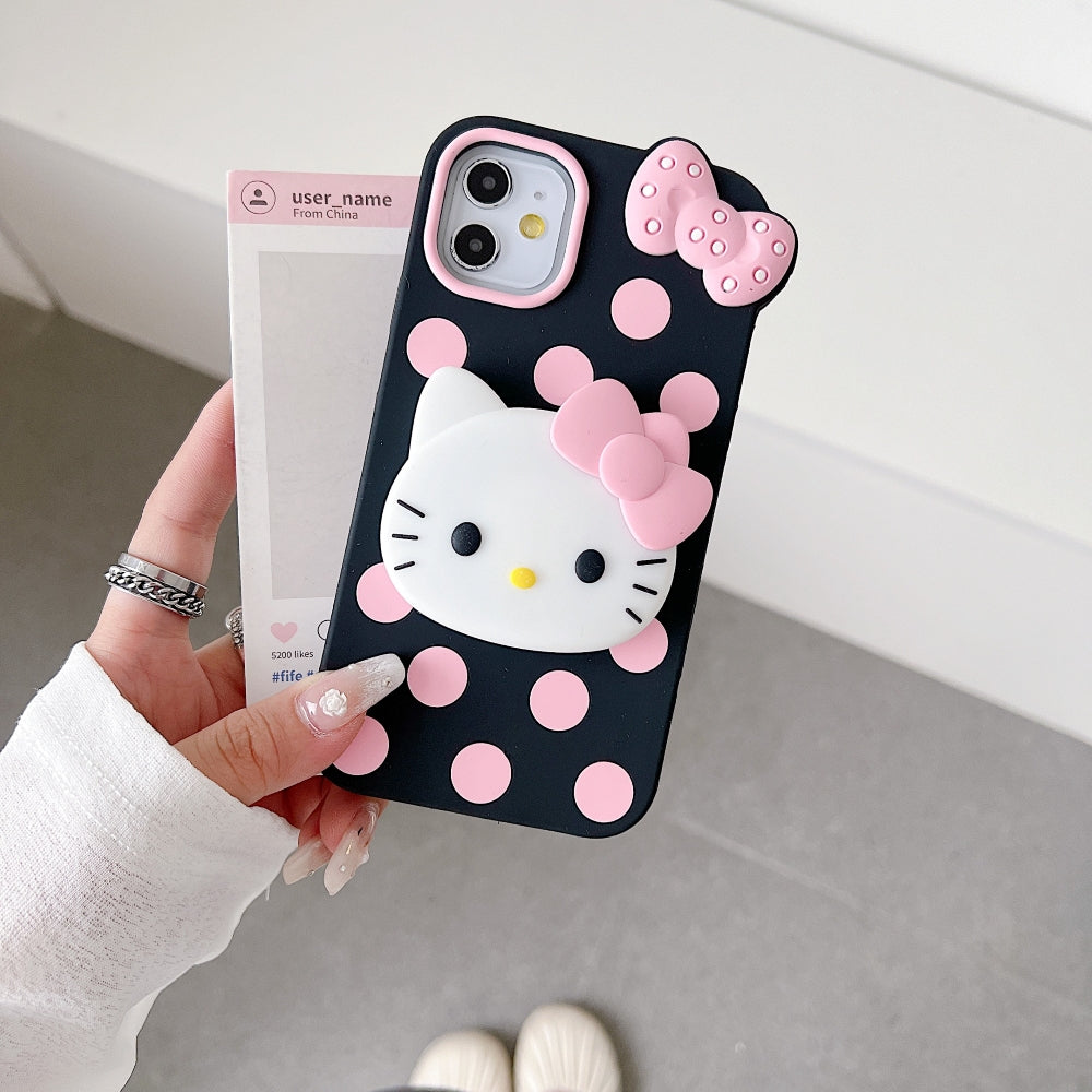 Polka Dot Bow Kitty Stand Silicone Phone Case