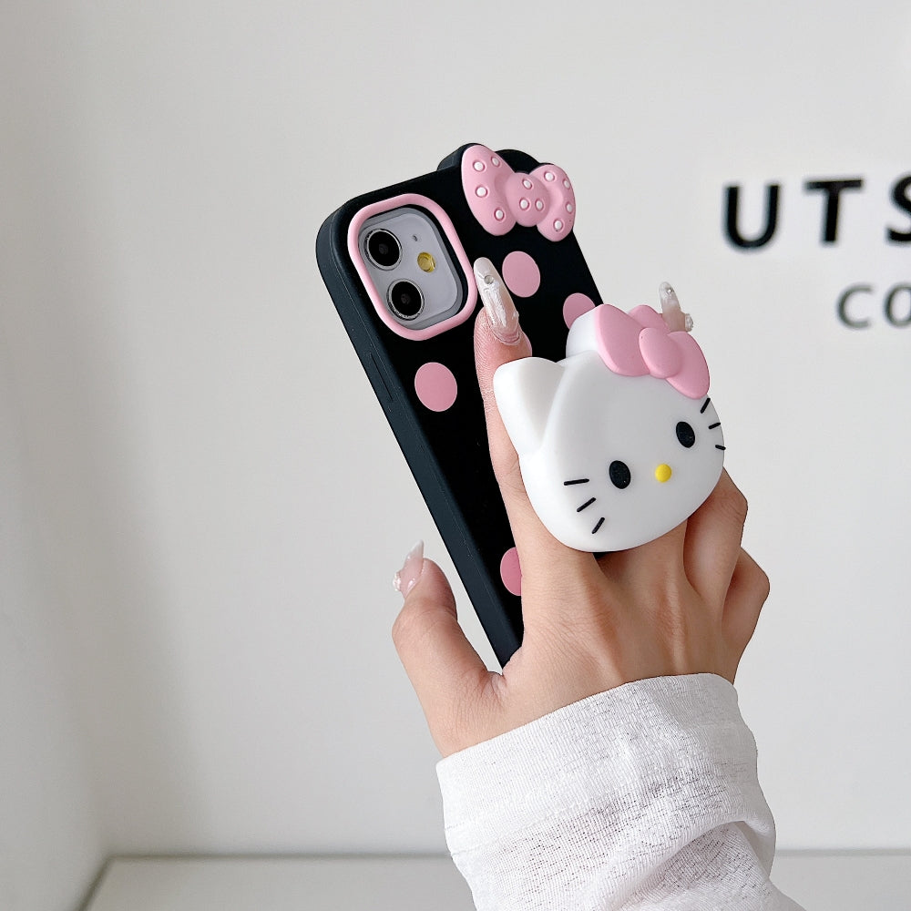 Polka Dot Bow Kitty Stand Silicone Phone Case