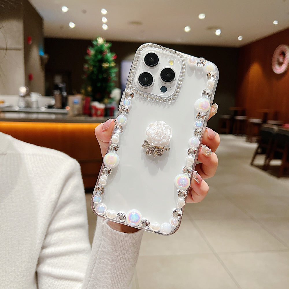 Rose Flower Bling Diamond and Pearl Border Transparent Phone Case