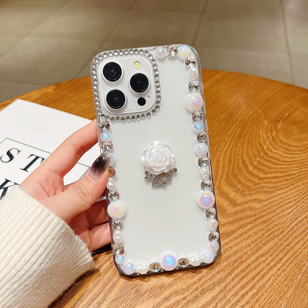 Rose Flower Bling Diamond and Pearl Border Transparent Phone Case