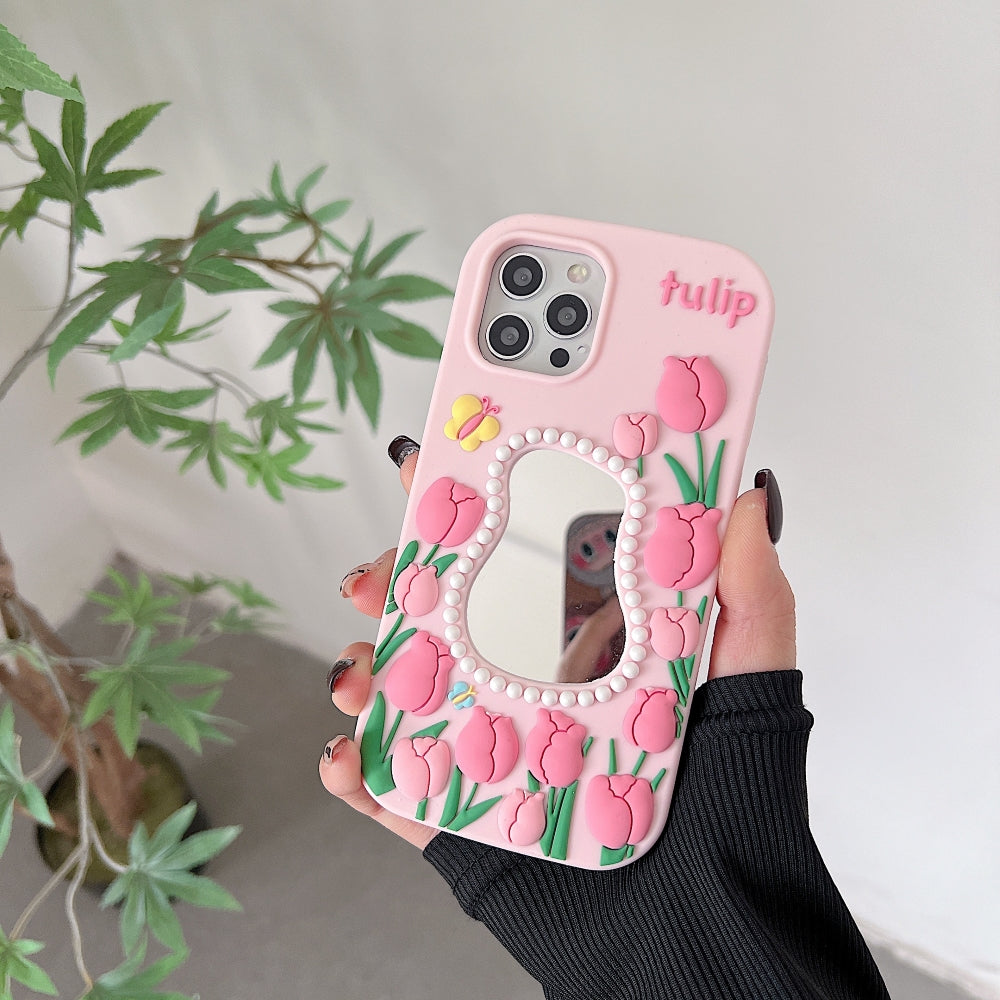 Silicone Tulip Embossed Pearl Mirror Phone Case