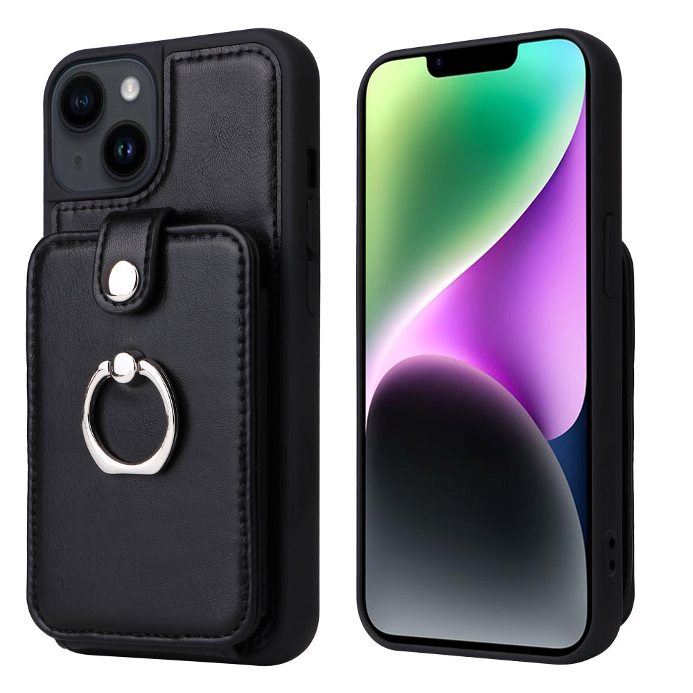 Vintage Pouch PU Leather Phone Case with 360 Degree Ring Holder Stand
